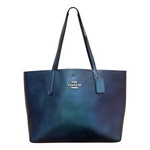 RARE COACH Holographic Metallic Leather Town Tote Iridescent Blue Cadet F79983